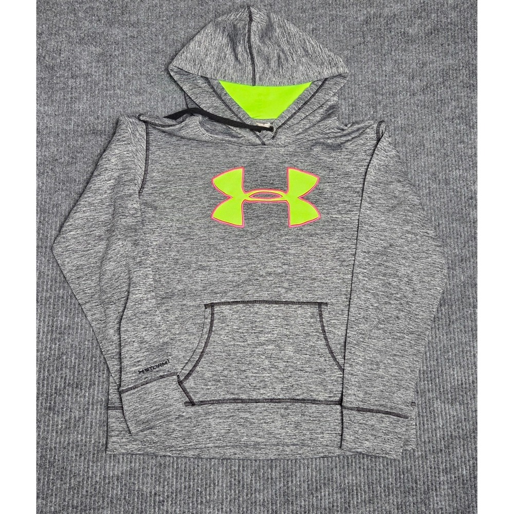 Under Armour Storm Hoodie Youth Gray Neon Logo Athletic Pullover